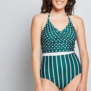 NEW ModCloth Cleo Teal Dot Stripe One-Piece Swim M